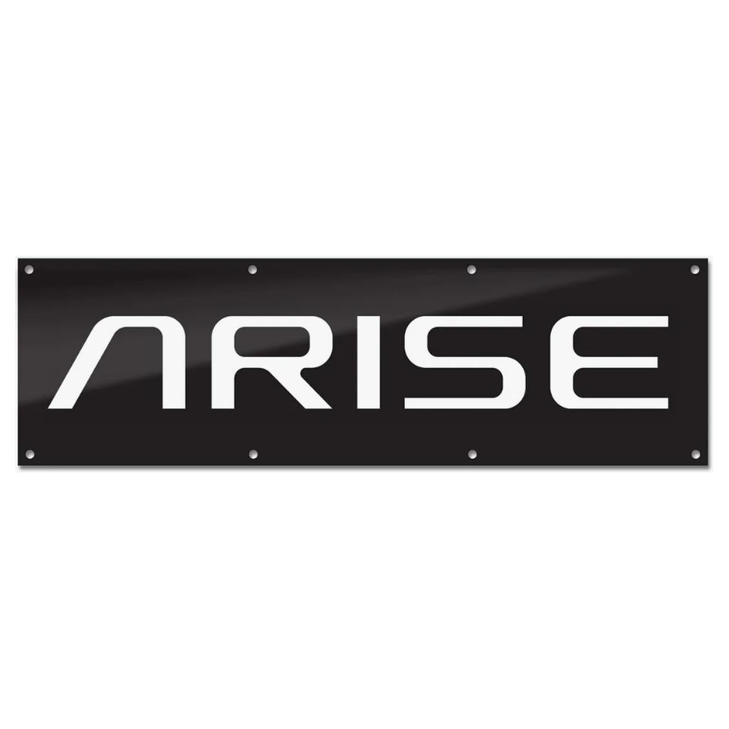 The Arise Contest Banner is a black rectangular sign crafted from heavy-duty nylon with "ARISE" in bold white letters, resembling a race banner.