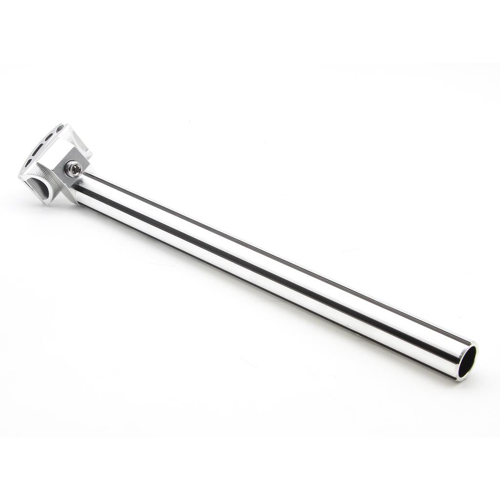 The MCS Fluted Seat Post is a silver metal component featuring a long cylindrical shaft and a clamp on one end, designed for micro-adjustments when attaching to a scooter's front wheel assembly.