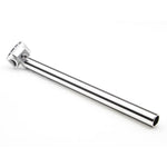 The MCS Fluted Seat Post is a silver metal component featuring a long cylindrical shaft and a clamp on one end, designed for micro-adjustments when attaching to a scooter's front wheel assembly.