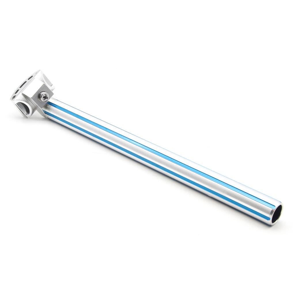 The MCS Fluted Seat Post is a long, silver, metal rod with a cylindrical base and bolt hole. It features blue accents and micro adjust capabilities, making it ideal for mechanical or industrial use.