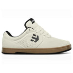 The Etnies Marana Michelin Shoe in White/Gum/Black displays a durable skate shoe design with a white upper, black logo, and brown sole crafted from performance-focused Michelin rubber, tailored for skateboarders and presented in a side view.