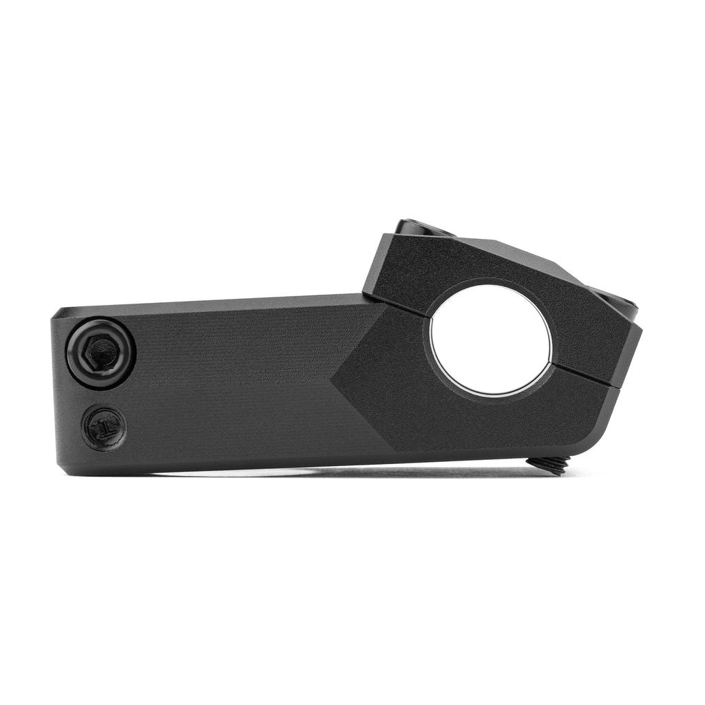 The Cinema Martinez Stem is a stylish bicycle stem in black, constructed from robust 6061-T6 Aluminum, showcasing two exposed bolts and a round clamp opening.