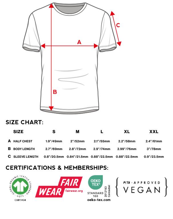 The Fly Bikes Faster T-Shirt, made of organic cotton, includes a labeled size chart for half chest, body length, and sleeve length. It boasts Fair Wear, OEKO-TEX, and PETA-Approved Vegan certifications, emphasizing its dedication to sustainable clothing.