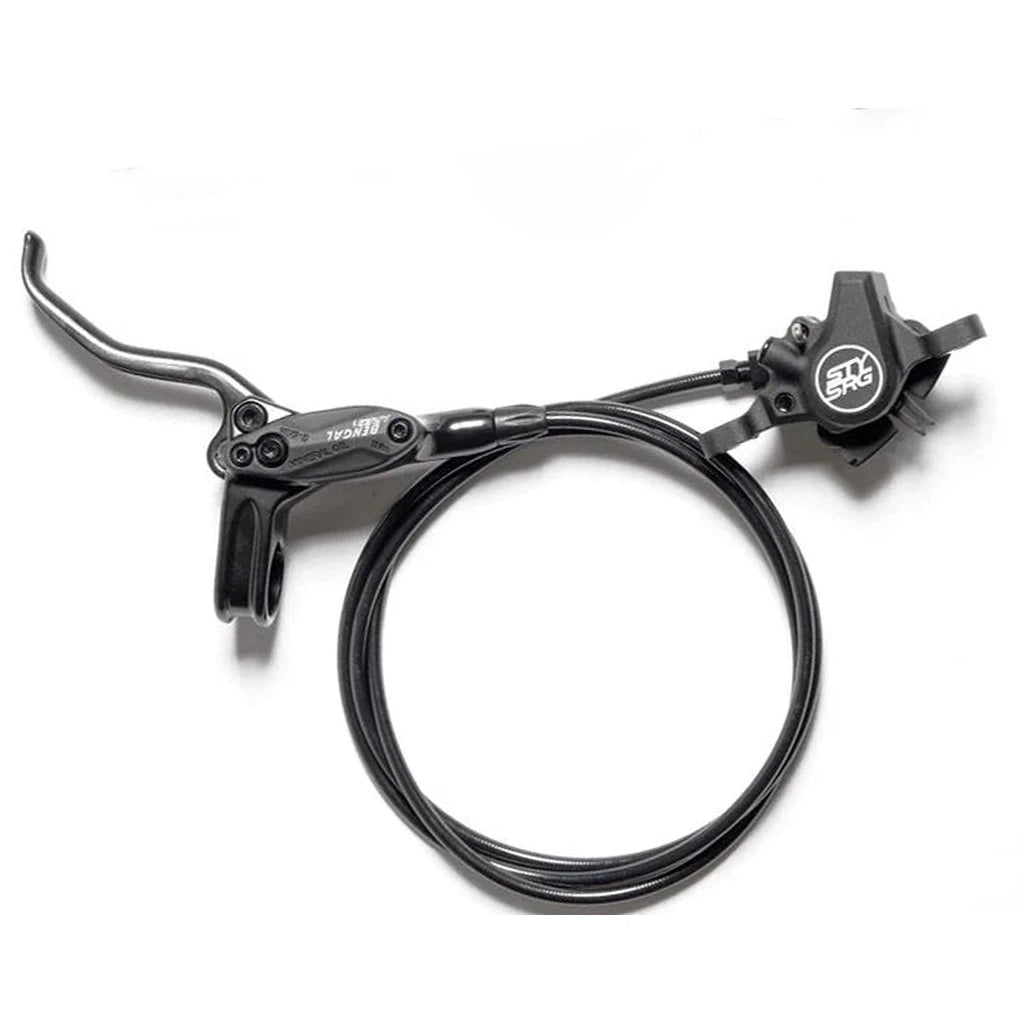 The Staystrong Bengal Disc Brake Kit 120mm is a sleek black bicycle hydraulic brake lever featuring a hose and caliper, tailored specifically for BMX enthusiasts. Presented against a white background, this mineral oil disc brake kit ensures reliability and robust performance for your ride.