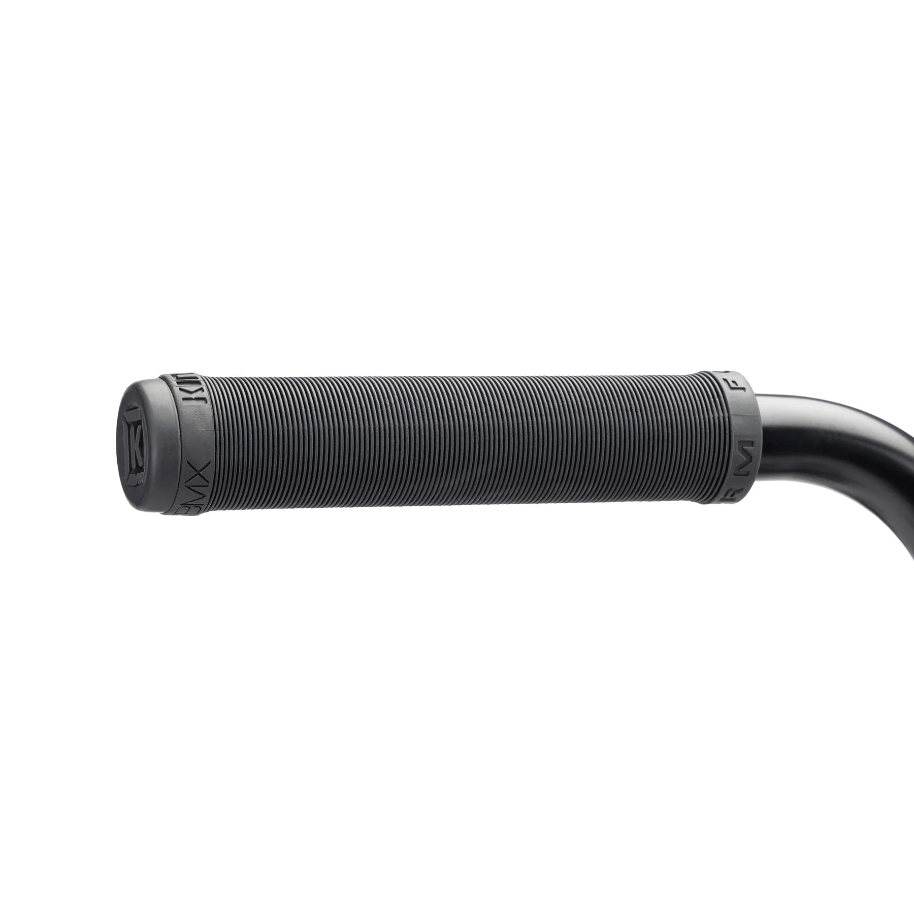 Close-up of a black bicycle handlebar grip with a textured surface and embossed text, showcasing the modern geometry of the Kink Downside 20 Inch Bike's aftermarket parts.