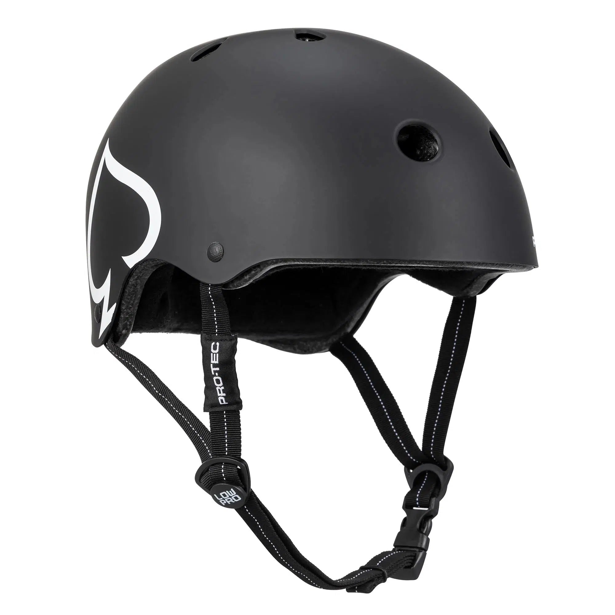 Protec Low Pro Certified Helmet in black showcasing a sleek shell design, adorned with a white graphic on the side, and equipped with an adjustable chin strap for a personalized fit.