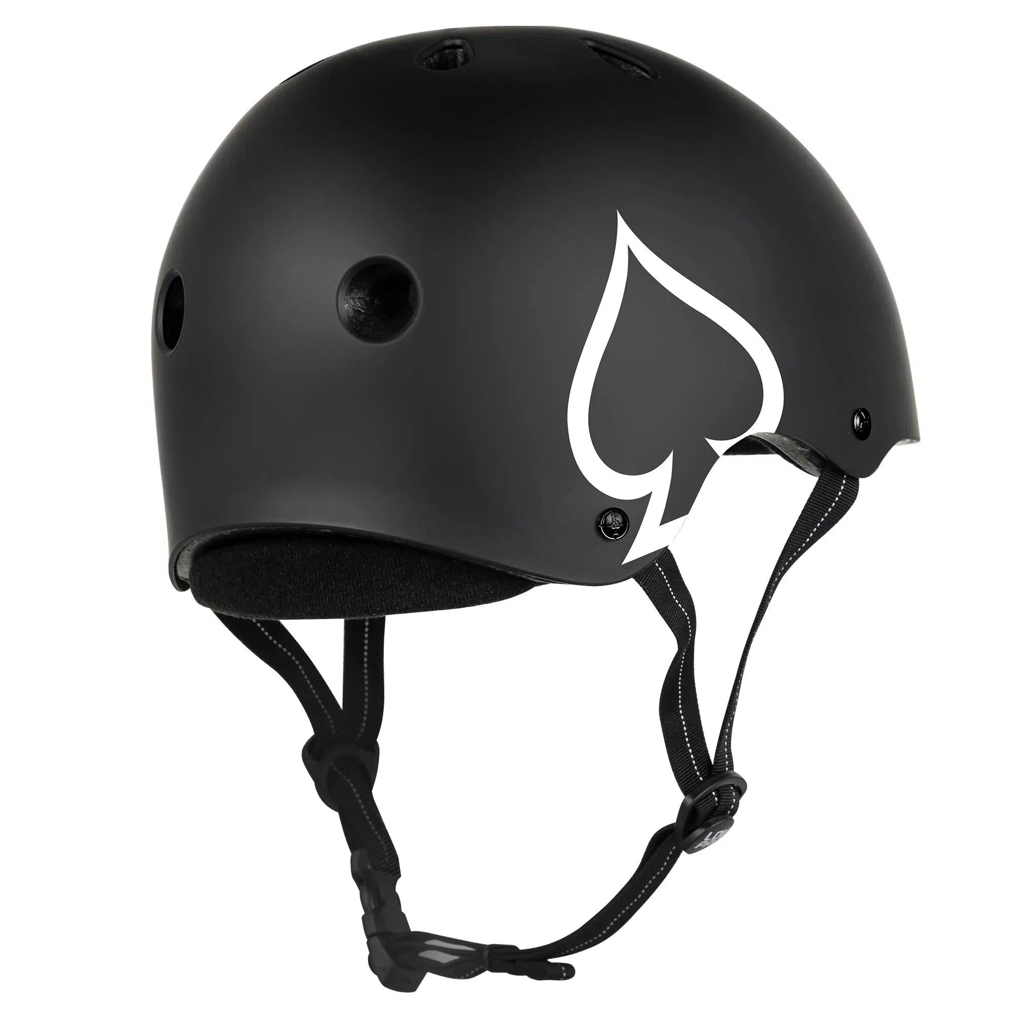 Introducing the Protec Low Pro Certified Helmet, boasting a sleek black finish with a distinctive white spade design on the side. It features a slim shell structure, strategically placed ventilation holes for optimal airflow, and an adjustable chin strap to ensure a personalized fit.