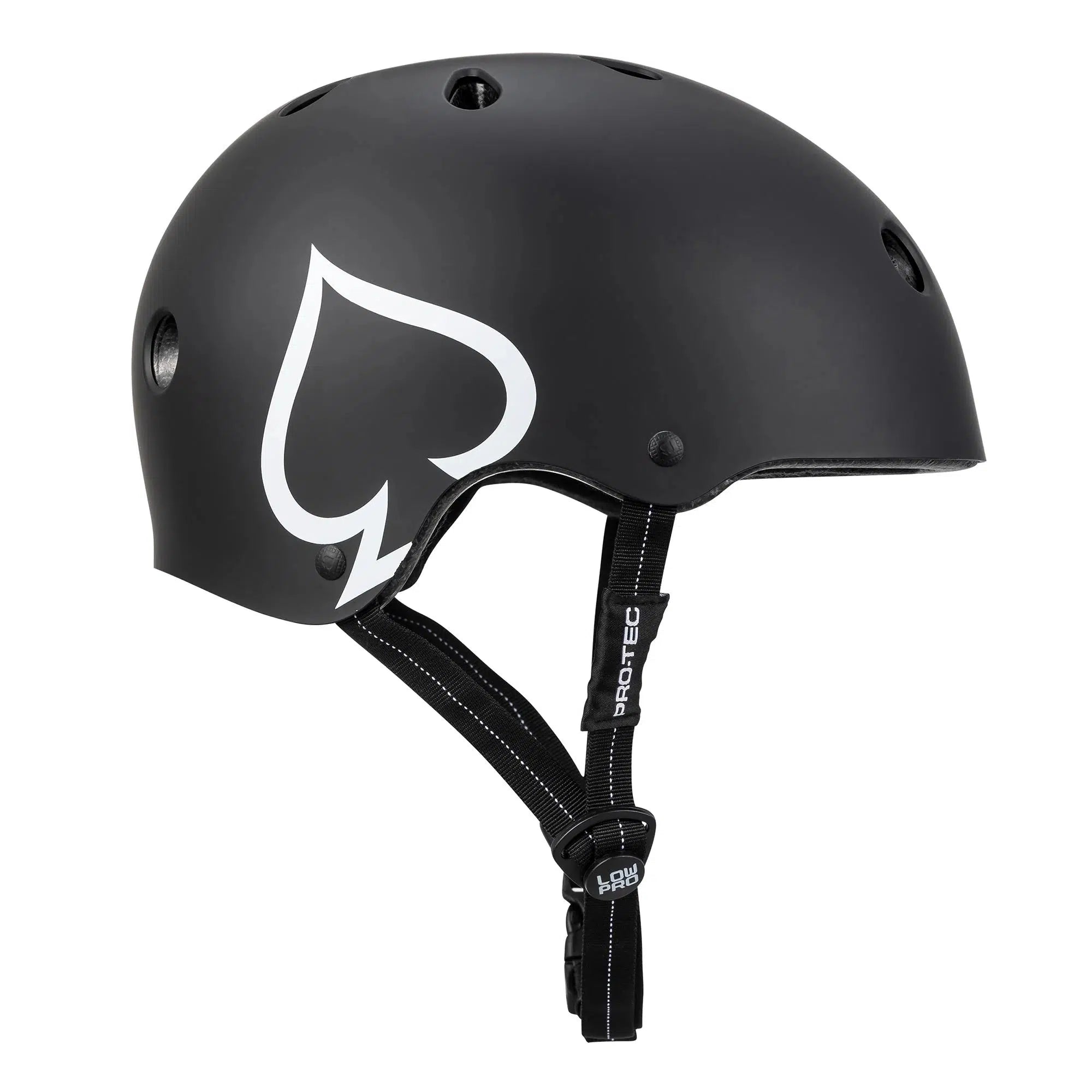 The Protec Low Pro Certified Helmet has a slim design with a black shell adorned with a white spade symbol and comes with adjustable chin straps for a personalized fit, set against a clean white background for added elegance.