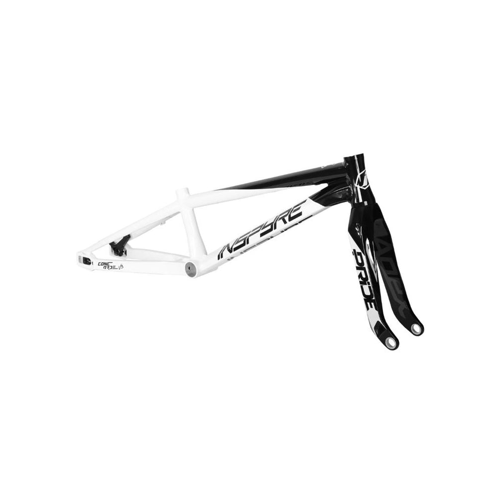 The Inspyre Concorde V3 Pro L Frame/Fork Kit (2025) stands upright against a plain white background, showcasing its sleek black and white design. Crafted with hydroformed tubes, this frame is built for BMX racing excellence.