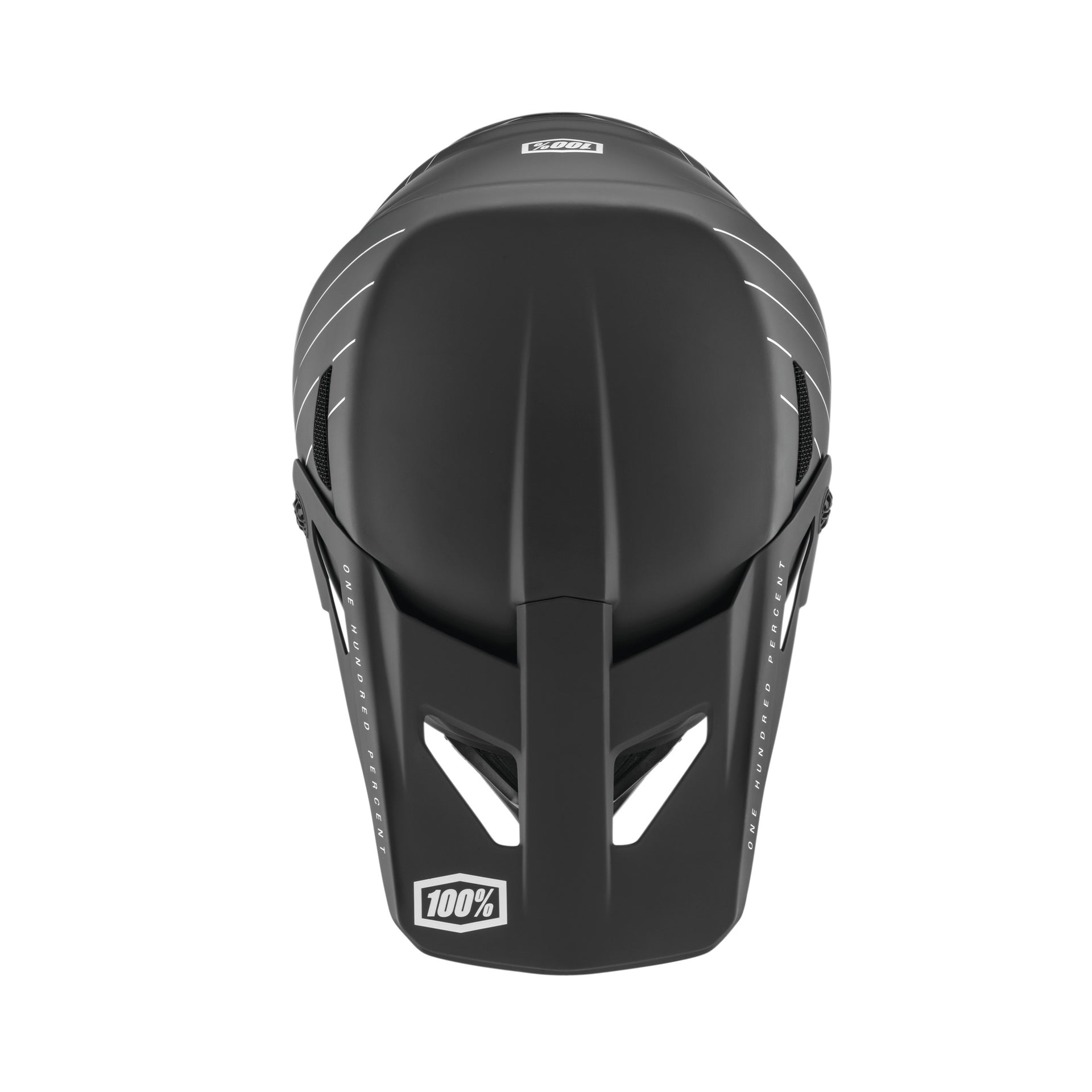 A black 100% Status Essential Full Face Helmet offering full face protection features the "100%" logo on the bottom front and angular vent openings on the sides and back, available in youth sizes.