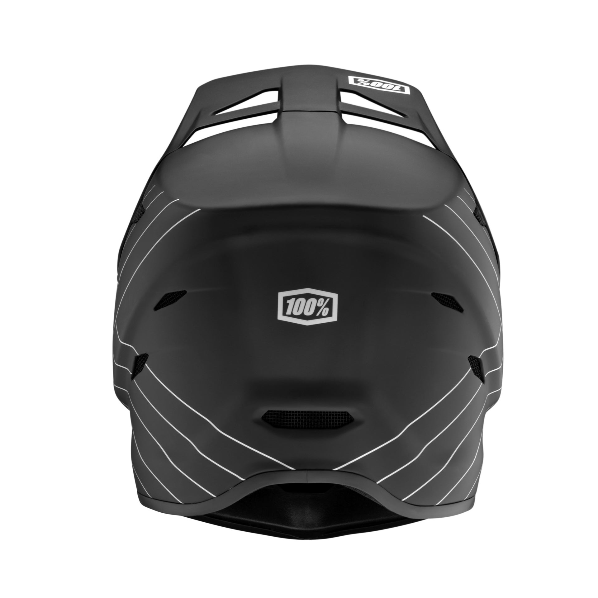 A black 100% Status Essential Full Face Helmet with white stripes is shown from the front, featuring ventilation slits and the 100% logo on the forehead area.