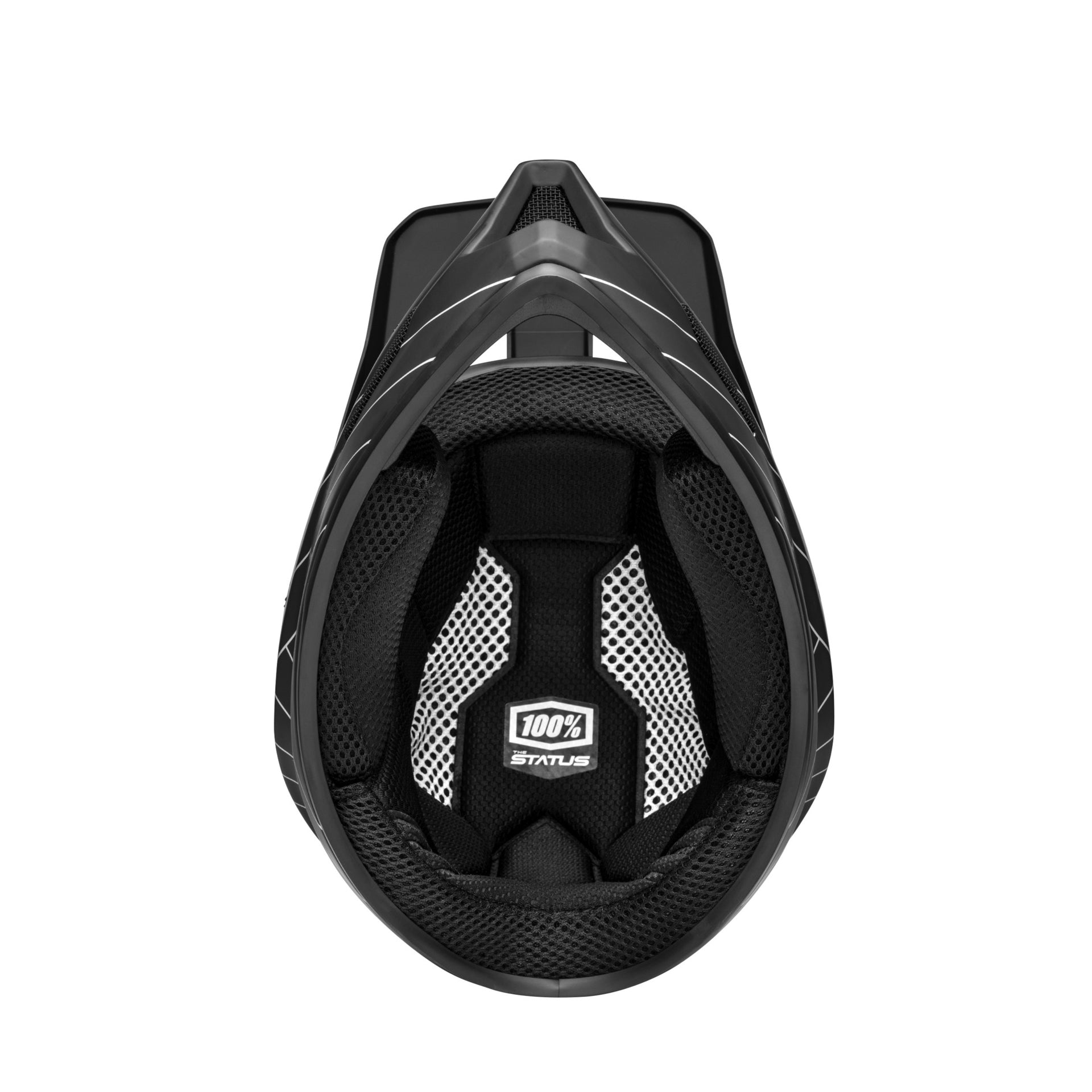 Top-down view of a black BMX helmet with mesh padding, "100% Status Essential Full Face Helmet" label on the inner lining, and available in youth sizes for full face protection.