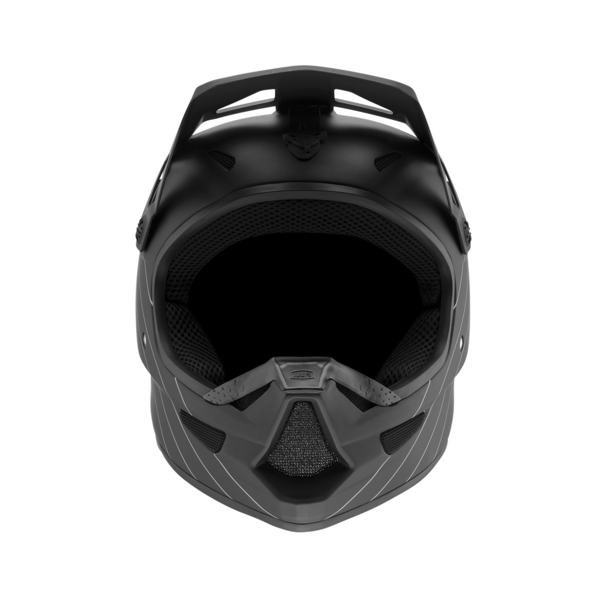 Front view of a black 100% Status Essential Full Face Helmet with full face protection, featuring a visor and ventilation openings. Available in youth sizes.