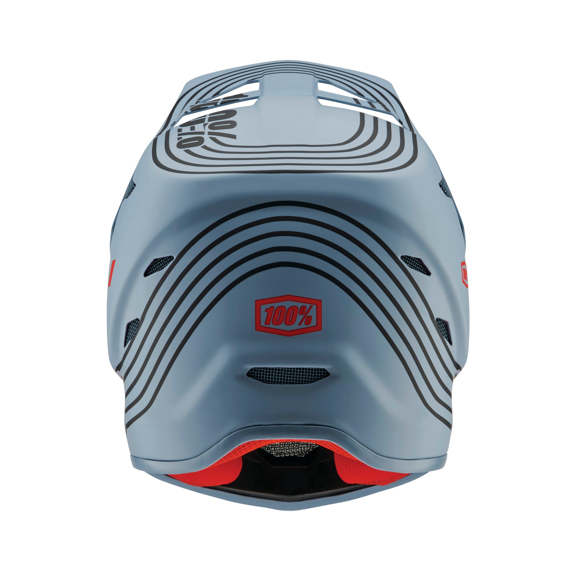 The 100% Status Youth Helmet Caltec features a gray design with black stripes and showcases a red "100%" logo on the back, offering style and protection for young BMX riders.