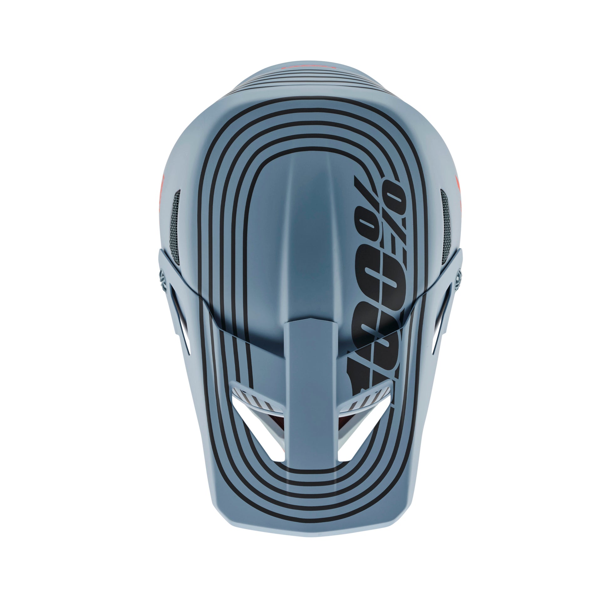 Top view of the 100% Status Youth Helmet Caltec, featuring a blue and gray design with bold stripes and "100%" printed on it, offering full-face protection in youth sizes.