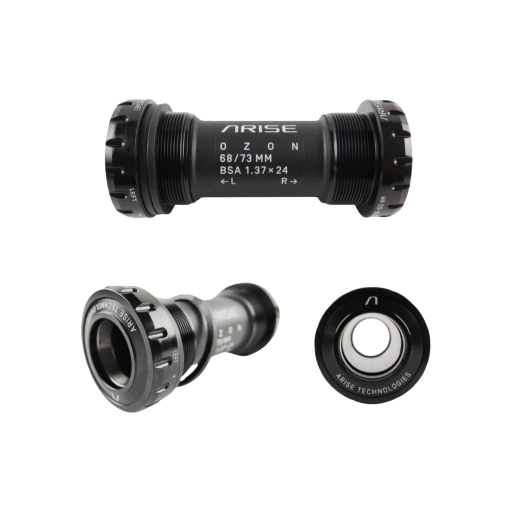 The Arise Ozon Euro External BB Set is a CNC machined bottom bracket kit with black cylindrical components labeled "ARISE," designed to enhance your BMX race frame performance.