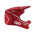 Red and white 100% Status Helmet Dreamflow Red with "100%" branding, available in youth sizes. Designed for maximum full-face protection, with ventilation openings and a sleek, aerodynamic shape.