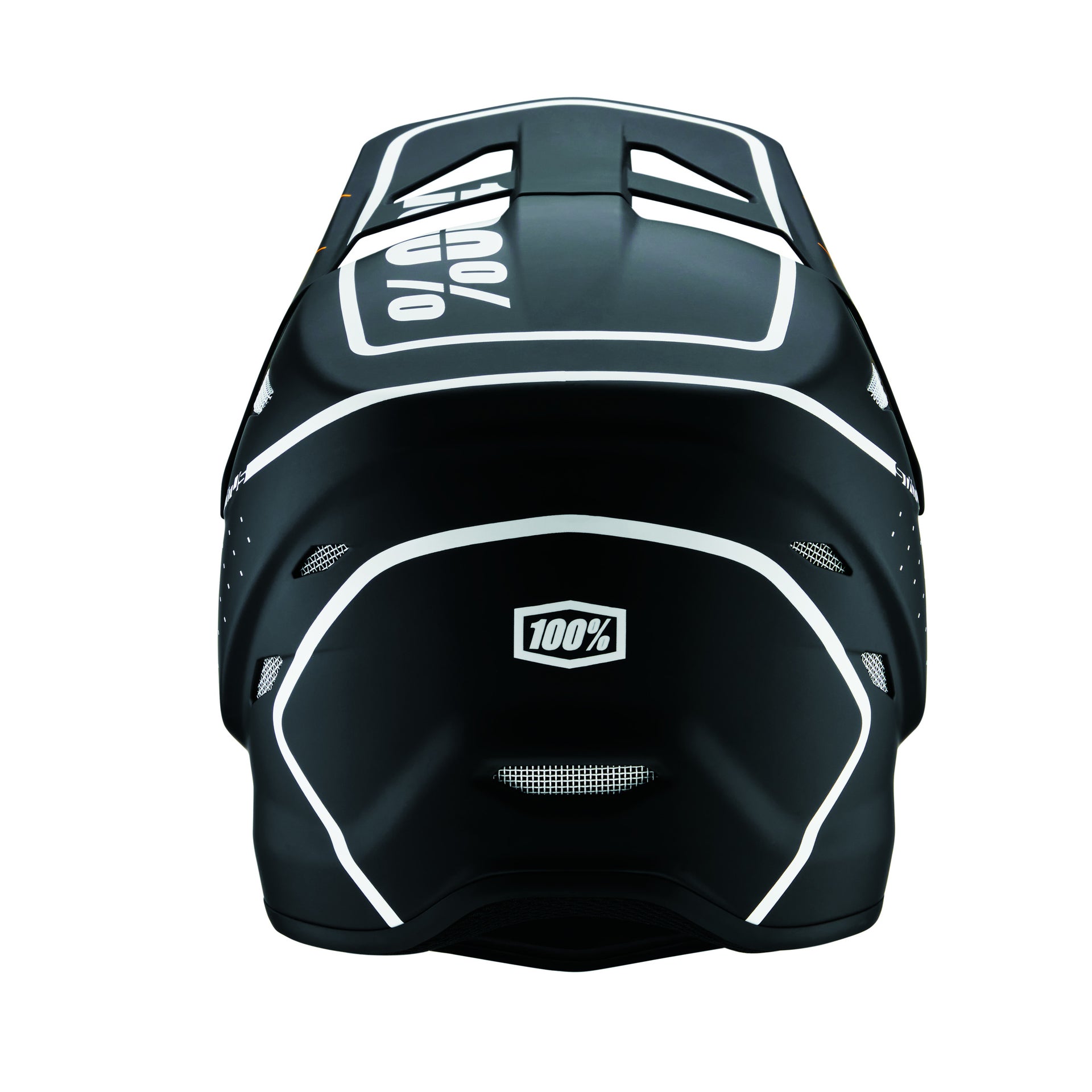 A black 100% Status Helmet Dreamflow Black with white trim and the 100% logo displayed on the front and top. The full face helmet features ventilation slots, a streamlined design, and is available in youth sizes.