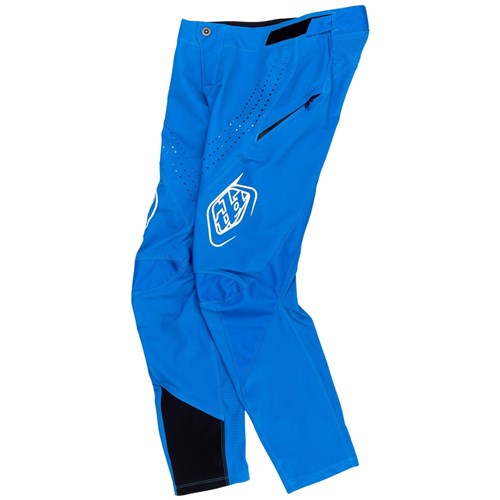 The race-ready TLD 25.1 Sprint Pant in Mono Bright Blue features white thigh logos and black knee accents. Made from durable materials, it offers both a zipper and button closure for enhanced performance and style.