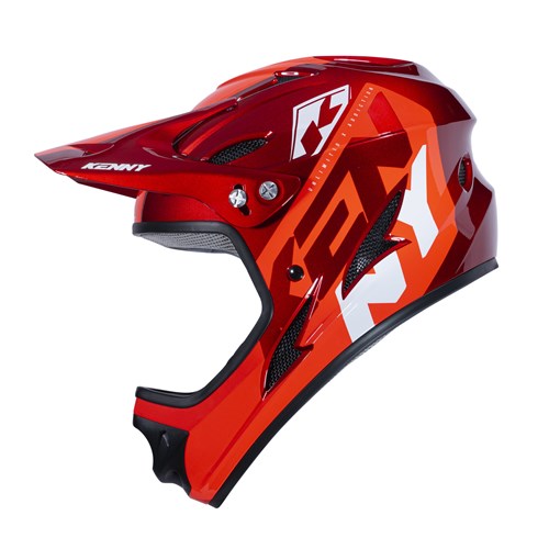 The Kenny Racing Downhill Helmet / Red is a red and orange full-face BMX helmet with a visor, featuring bold graphics and a vented design. It is Australian Certified, providing both safety and style for every ride.