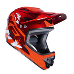 The Kenny Racing Downhill Helmet in red and orange features an injected plastic shell with a visor, geometric designs, and ventilation openings. It's Australian Certified for excellent safety and style on the BMX tracks.