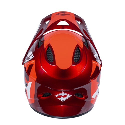 Front view of the Kenny Racing Downhill Helmet in red and orange, showcasing an injected plastic shell with ventilation holes, graphic designs, and Australian Certification.