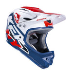 The Kenny Racing Downhill Helmet / Patriot is an Australian Certified BMX helmet with a vibrant red, white, and blue design. It has an injected plastic shell for durability, a visor, and displays the "Kenny" brand prominently on the top and side.