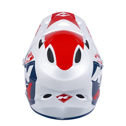 Top view of the Kenny Racing Downhill Helmet / Patriot, a white and red BMX helmet with black vents and geometric patterns, crafted from an Australian Certified injected plastic shell for optimal safety.