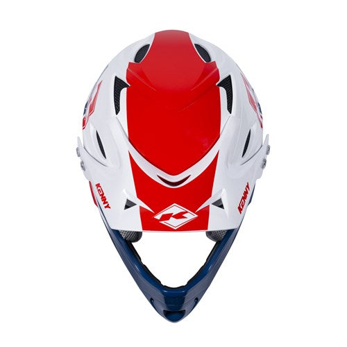 Front view of the Kenny Racing Downhill Helmet / Patriot, an Australian Certified BMX helmet in red, white, and blue, featuring an aerodynamic design with ventilation openings and a durable injected plastic shell.