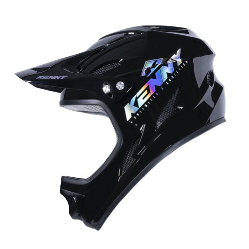 The Kenny Racing Downhill Helmet in Holographic Black features a shiny logo, angular visor design, and is Australian certified. Ideal for BMX, it's a top pick among budget helmets without compromising safety or style.