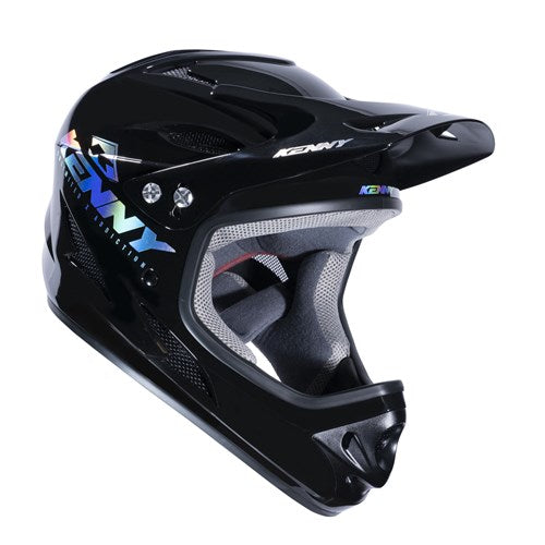 The Kenny Racing Downhill Helmet in Holographic Black is perfect for BMX, featuring iridescent "Kenny" lettering, a visor, padded interior, and Australian Certification for quality protection without breaking the budget.