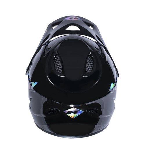 Front view of the Kenny Racing Downhill Helmet in Holographic Black, featuring ventilation holes and a glossy finish, ideal for BMX riding and Australian Certified for safety.