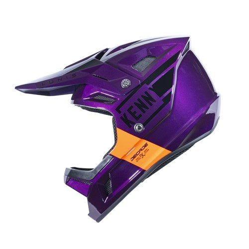 Side view of the Kenny Racing Decade Full Face Helmet in Candy Purple, featuring vents, a visor, and an adjustable padded chin strap for comfort.