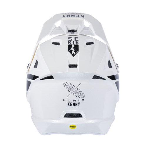 A rear view of the Lunis White Gold Kenny Racing Decade Full Face Helmet showcases black accents and logos for "Serie" and "Lunis Kenny." This BMX-inspired helmet combines style and safety, featuring advanced MIPS technology to protect riders on any trail.