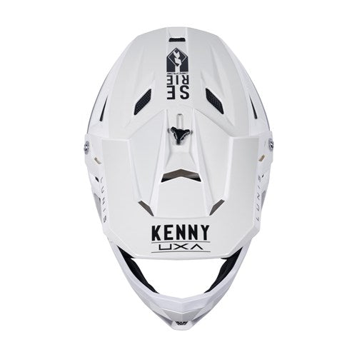 A Lunis white gold Kenny Racing Decade enduro helmet with ventilation slots, a central logo, and "SEE RIDE" text on top.