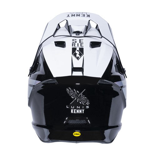 Top view of the Kenny Racing Decade Full Face Helmet in Holographic Black, showcasing "Serie," "Lunis Kenny" text, and a logo. Features an adjustable chin strap for a secure fit.