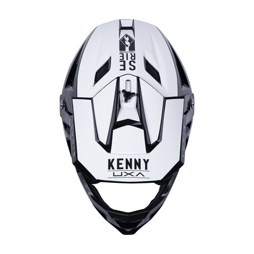 The Kenny Racing Decade Full Face Helmet / Holographic Black features a white and black design with ventilation slits, "Kenny" branding, and an adjustable chin strap for a secure fit, providing comfort and safety while BMX riding.