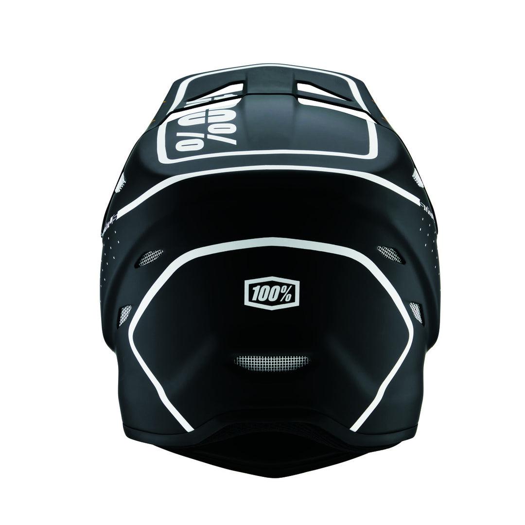 A black 100% Status Youth Helmet Dreamflow with white detailing and the "100%" logo prominently displayed above and on the back, offering full face protection for youth riders.