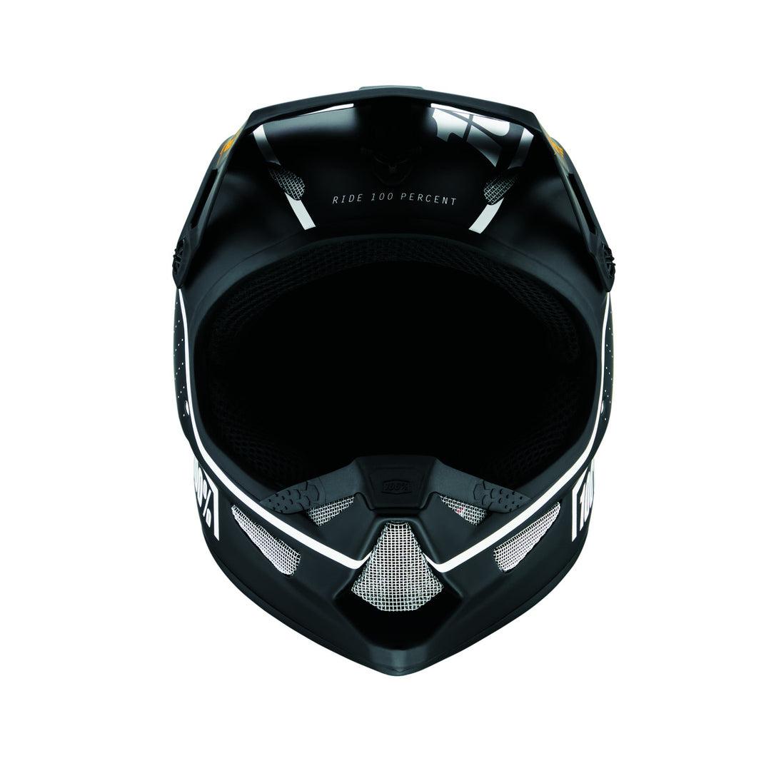 Front view of the 100% Status Youth Helmet Dreamflow, a black and white full-face motorcycle helmet featuring the text "RIDE 100 PERCENT" at the top. Offering full face protection, this design rivals any top-tier youth helmets on the market.