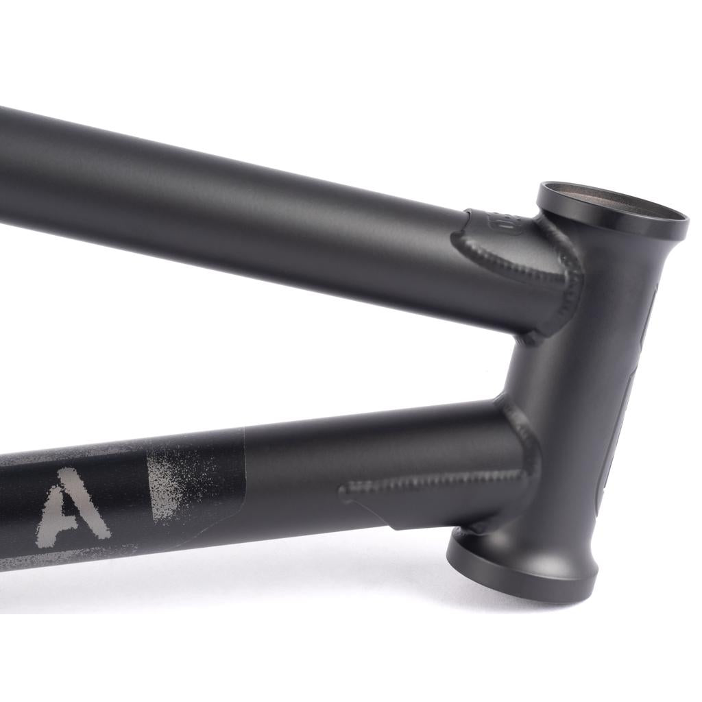 Close-up of a BSD Soulja V4 Frame (2022) in matte black, showcasing the head tube and part of the top tube, highlighting its sleek design.