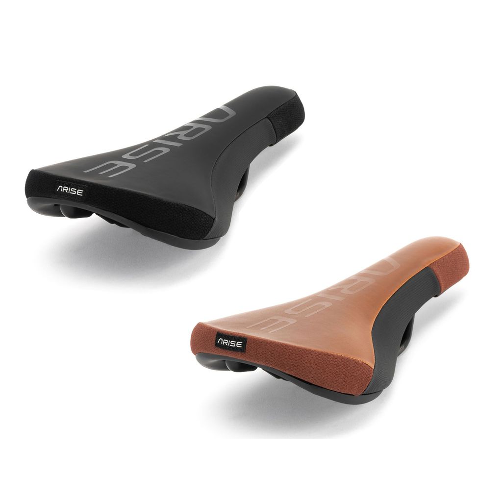 Two Arise Sensor Railed Seats, ideal for downhill biking, come in black and brown with "ARISE" branding on the sides. They feature a grippy silicon top print and are showcased on a white background.