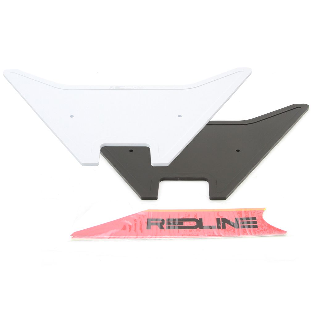 Three kiteboard fin boxes: one black, one white, and a standout red piece labeled "REDLINE," reminiscent of the precise engineering found in a Redline by Kastan Forklifter Number Plate.