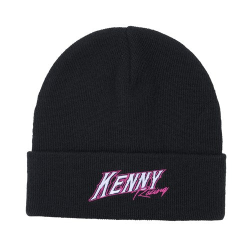 Stay cozy on winter mornings with the stylish Kenny Racing Beanie / Vintage, featuring a black design and the "Kenny Racing" logo in pink and white embroidery on the cuff.