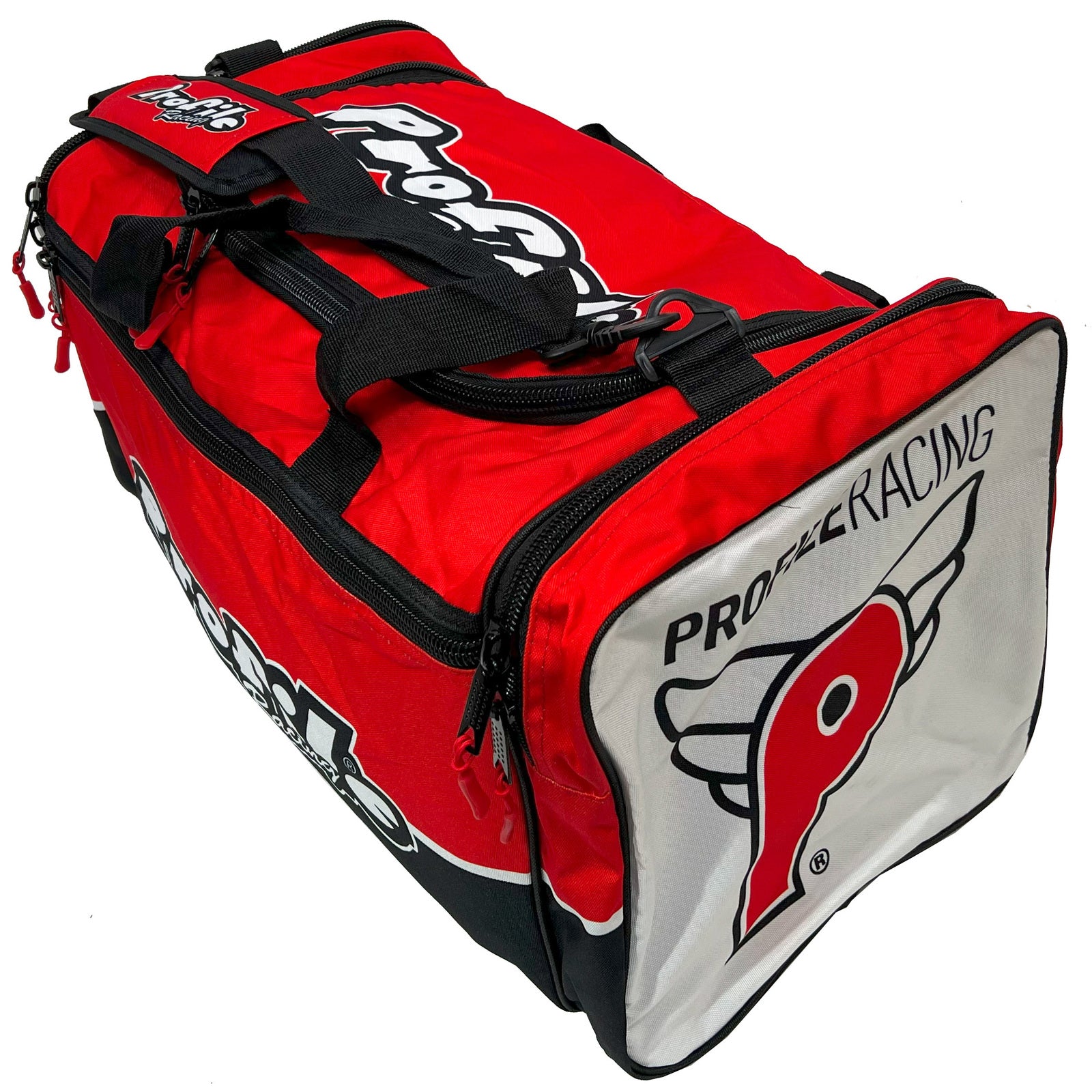 The Profile Racing Custom Team Gear Bag, in red and black with a bold logo, is crafted from durable 600D polyester. It features multiple zippered compartments and a waterproof lining to keep your gear safe and dry.