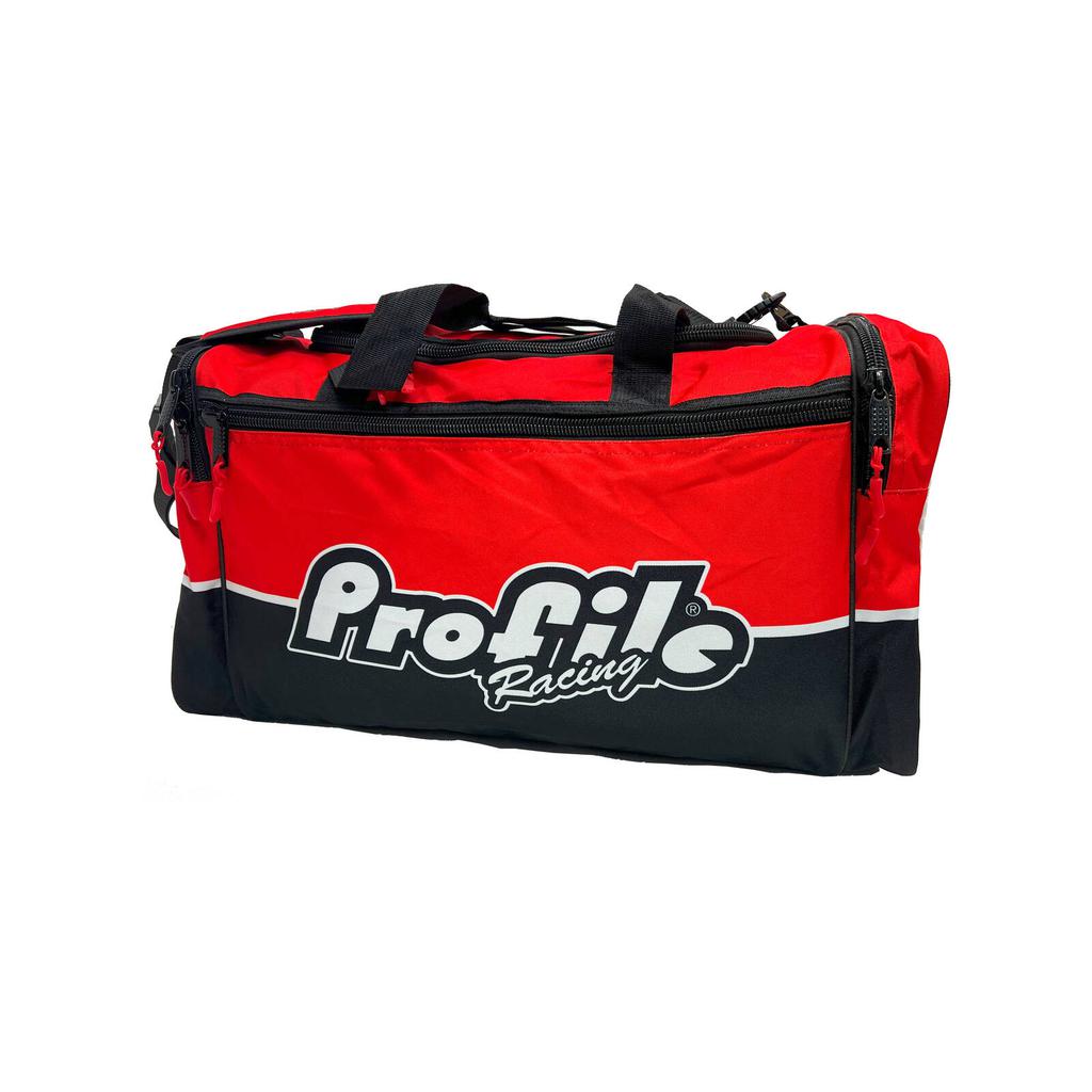 The Profile Racing Custom Team Gear Bag is a red and black duffel crafted from durable 600D polyester, featuring the "Profile Racing" logo, multiple zippers, waterproof lining, and sturdy black handles—perfect for all your adventures.