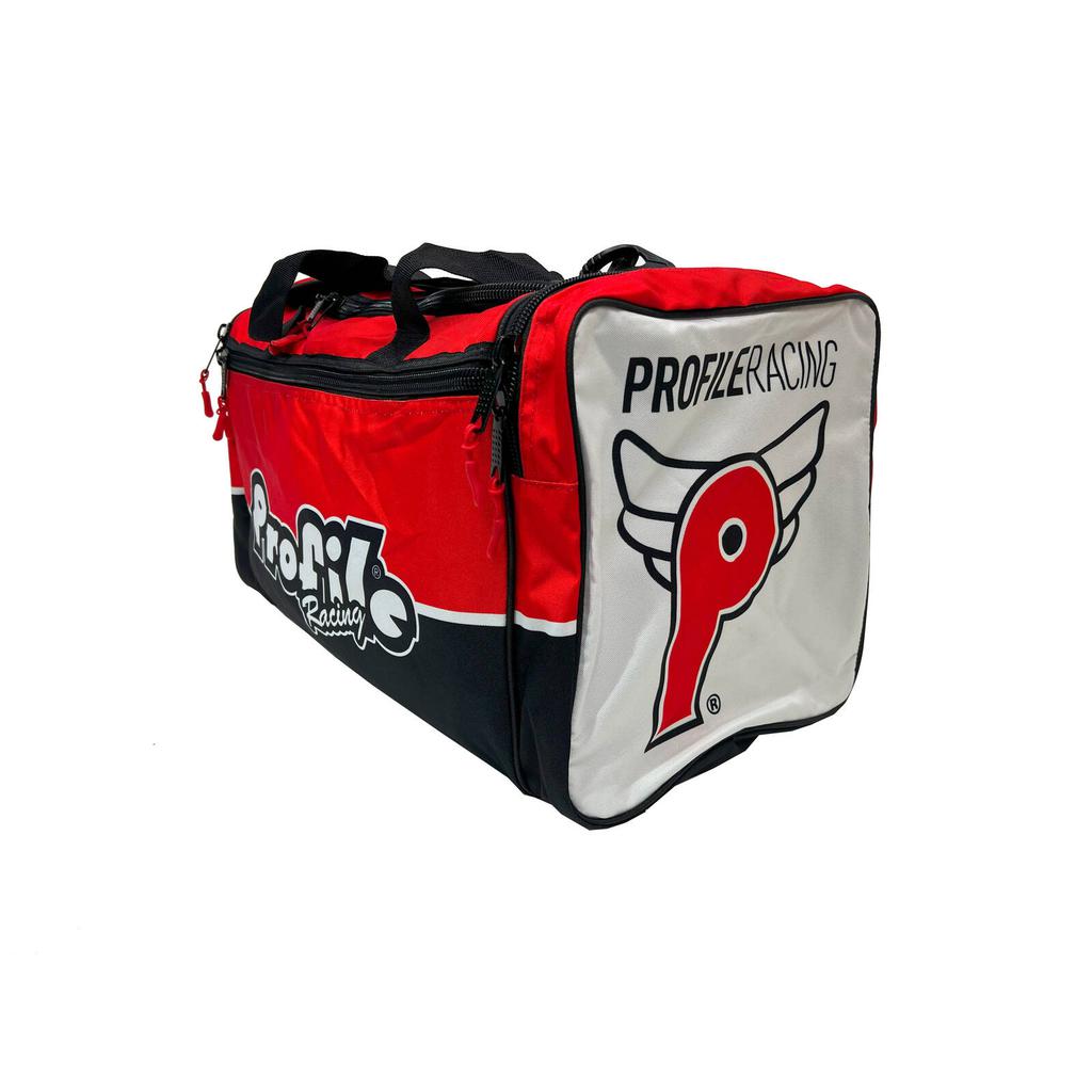 The Profile Racing Custom Team Gear Bag is a red and black sports bag with durable 600D polyester, carrying handles, waterproof lining for protection, and showcases the "Profile Racing" logo along with the winged "P" emblem on the sides.