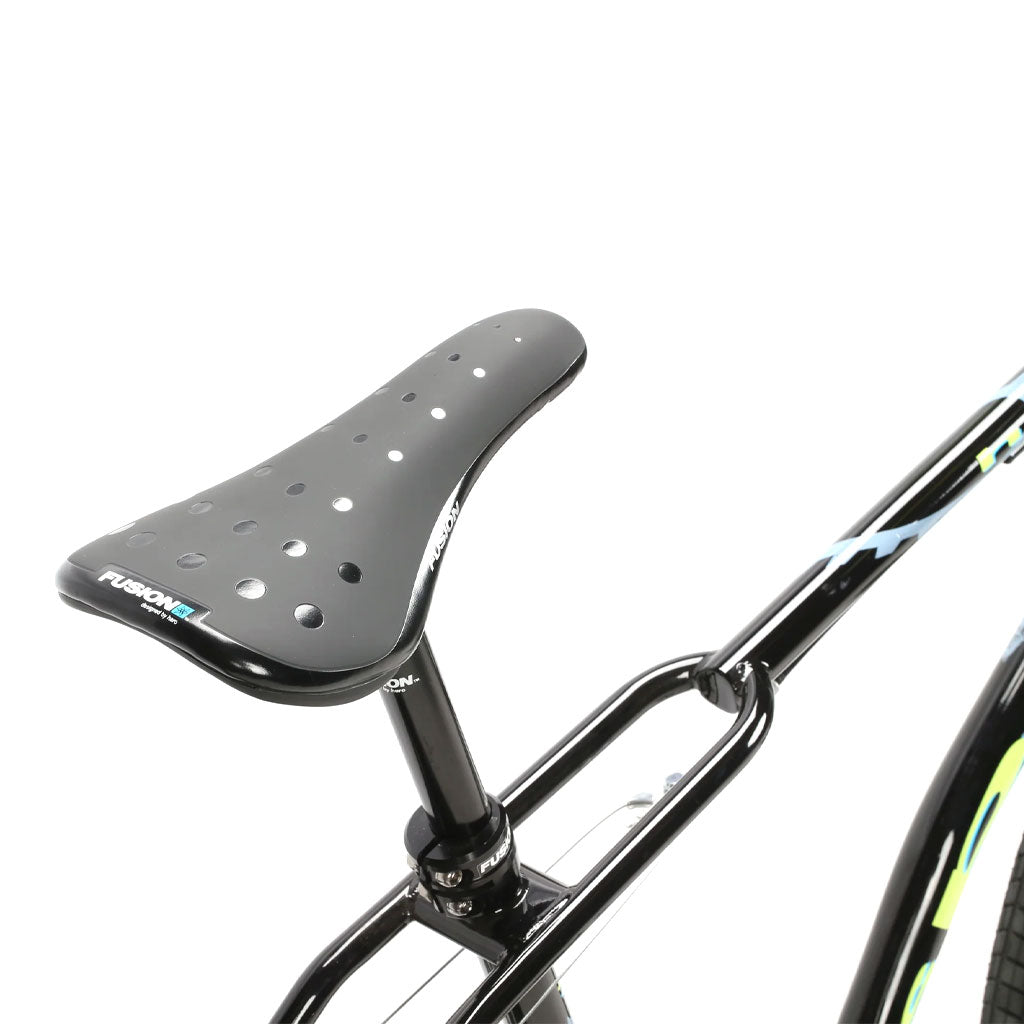 Close-up of a black BMX bike seat with ventilation holes, mounted on a chromoly frame. The black frame showcases visible brand markings, highlighting the Haro Lineage Sport Freestyler Bashguard 26 Inch Bike design.