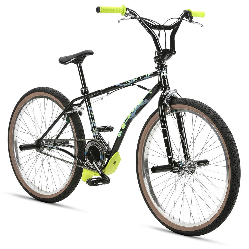 The Haro Lineage Sport Freestyler Bashguard 26 Inch Bike is a sleek black BMX bike that boasts green handle grips and pedals, large tires, a chromoly frame, and an elegant Lineage Sport Bashguard.