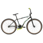 The Haro Lineage Sport Freestyler Bashguard 26 Inch Bike is a BMX bike with a black and green color scheme, yellow handle grips, a yellow pedal crank, large brown tires, a single-speed gear system, and a durable chromoly frame.