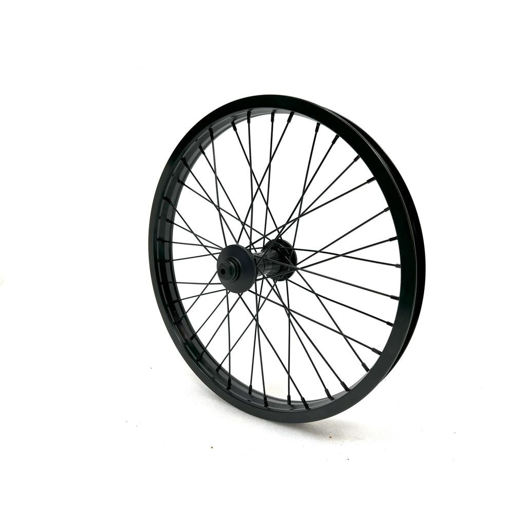 The Alienation 18 Inch Front Wheel, with black spokes and rim plus sleek BMX hubs, is positioned upright against a white background.